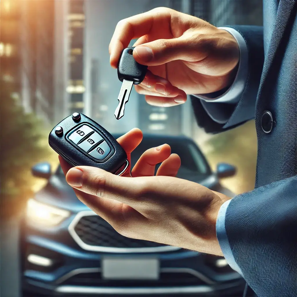 Locksmith replacing a car key fob with a blurred car in the background.