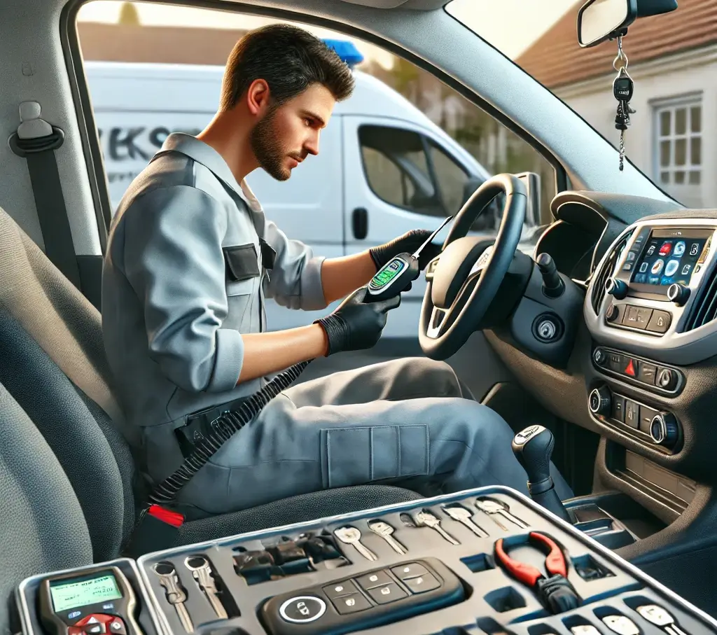 Automotive locksmith programming a transponder key in a car.