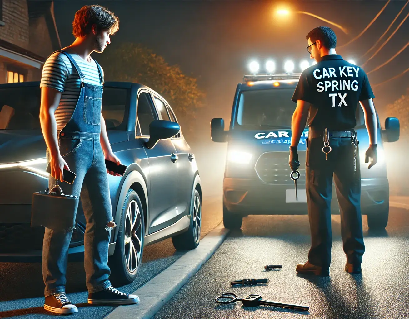 Locksmith assisting a stranded driver during a nighttime car lockout.