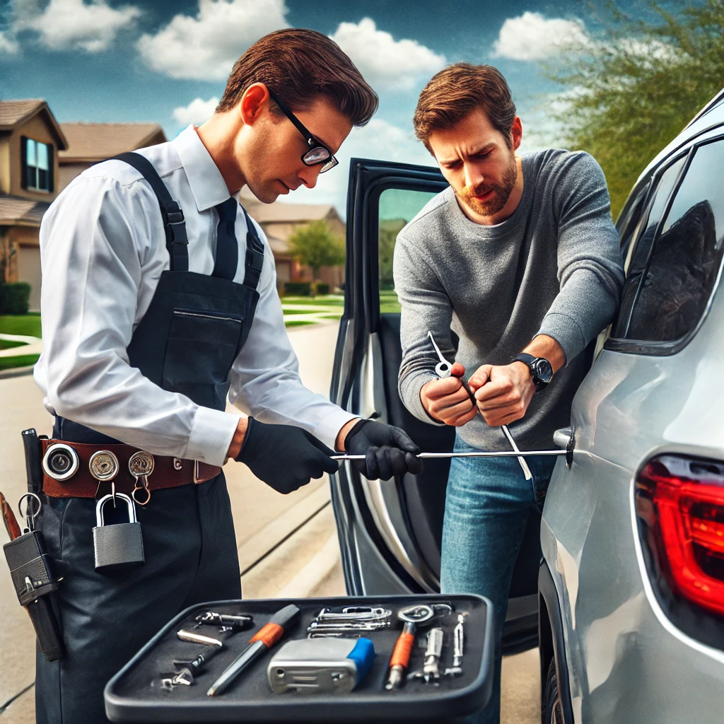 Locksmith unlocking black car in parking lot. 