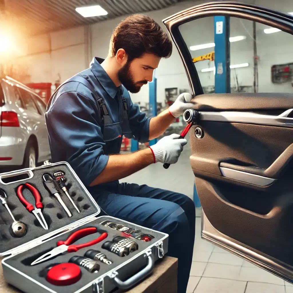 Locksmith installing a high-security car lock in an auto repair shop 