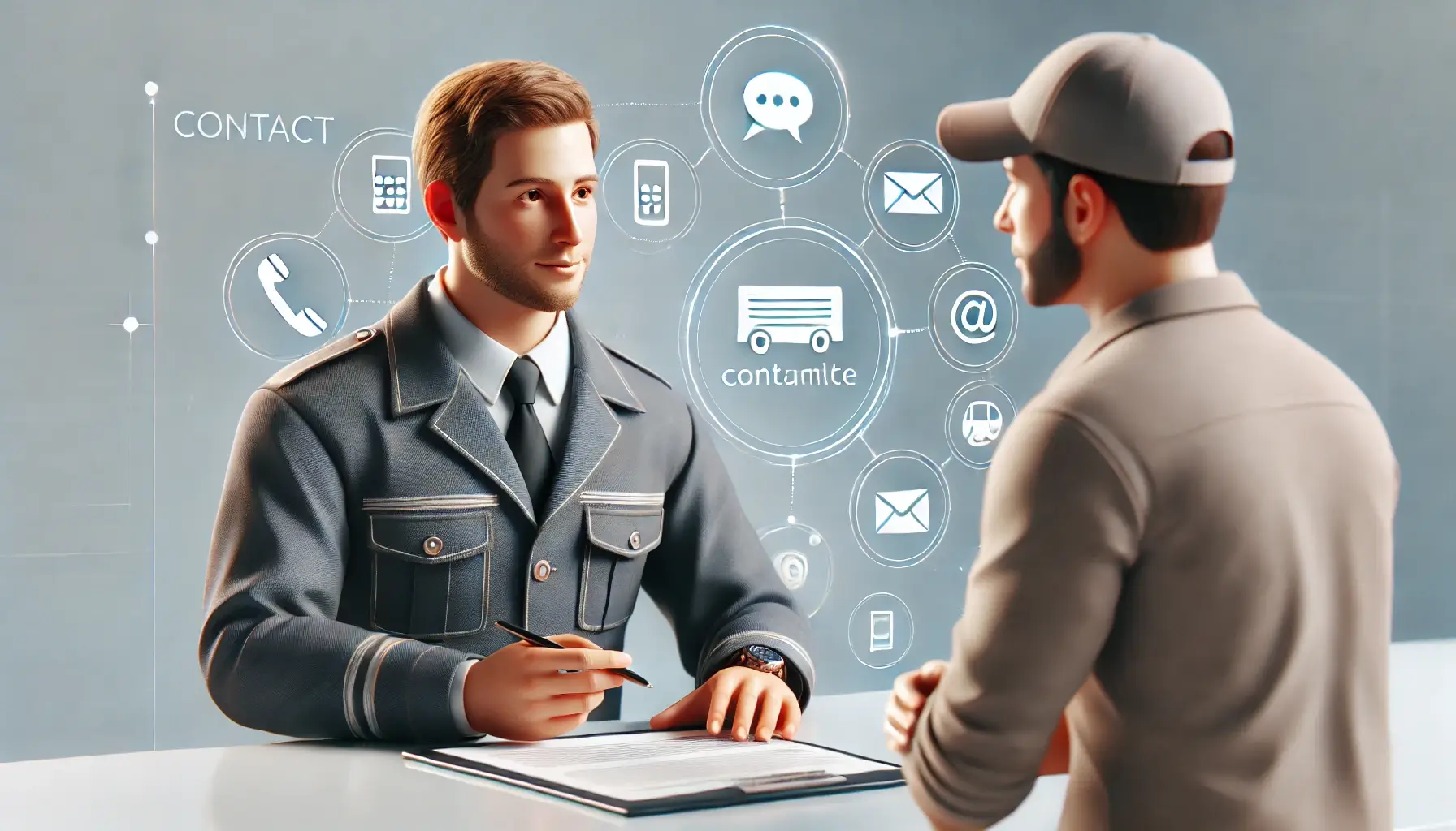 3D illustration of a friendly worker assisting a client with contact option