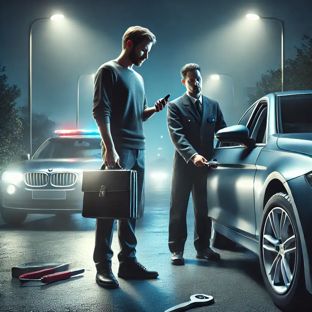 A person locked out of their car at night calls for help while a locksmith arrives.