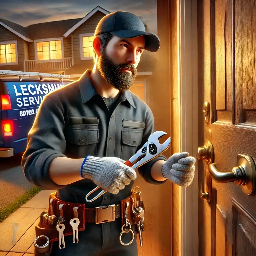 Nighttime suburban home entrance with warm porch lighting.