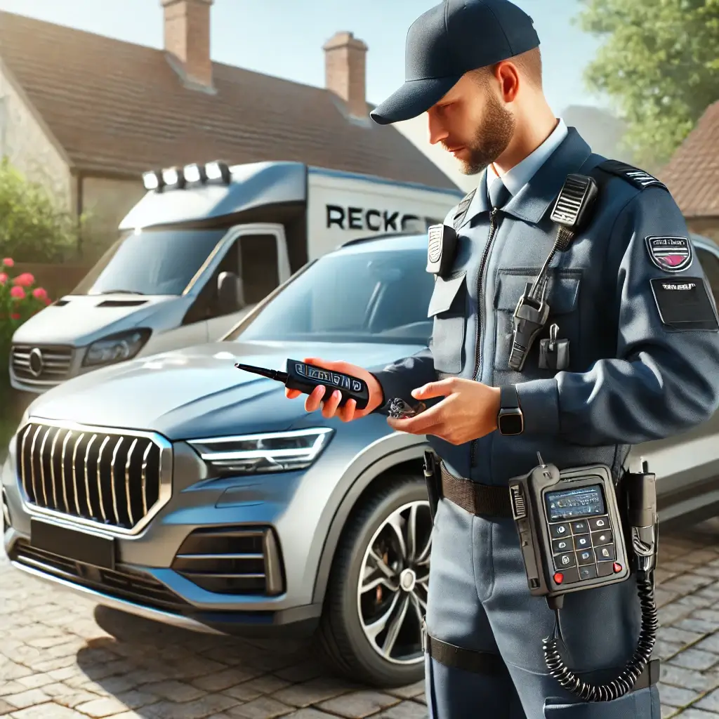 Locksmith in uniform programming a car key beside a modern vehicle.