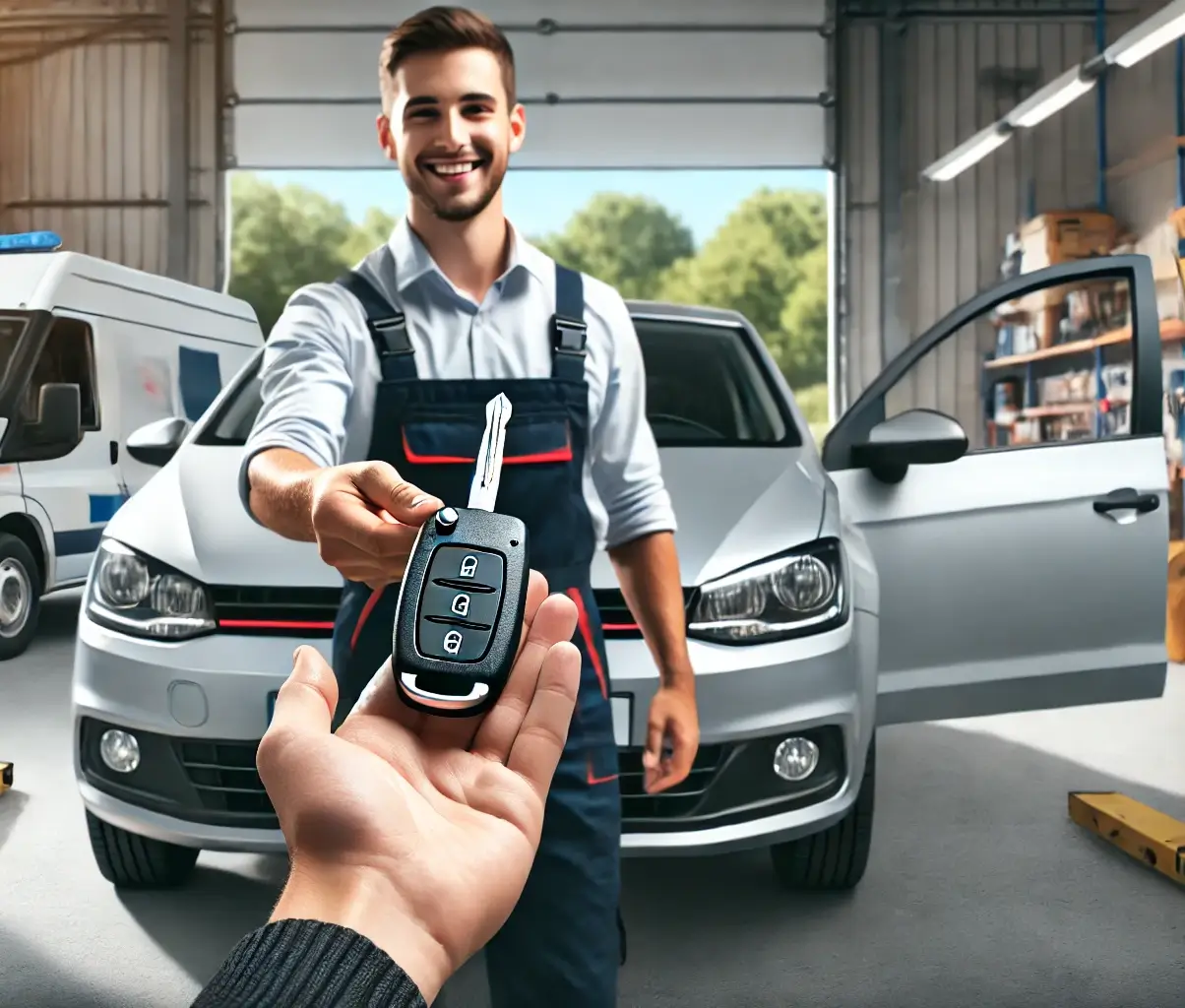 Locksmith handing a new car key fob to a customer near a modern car.