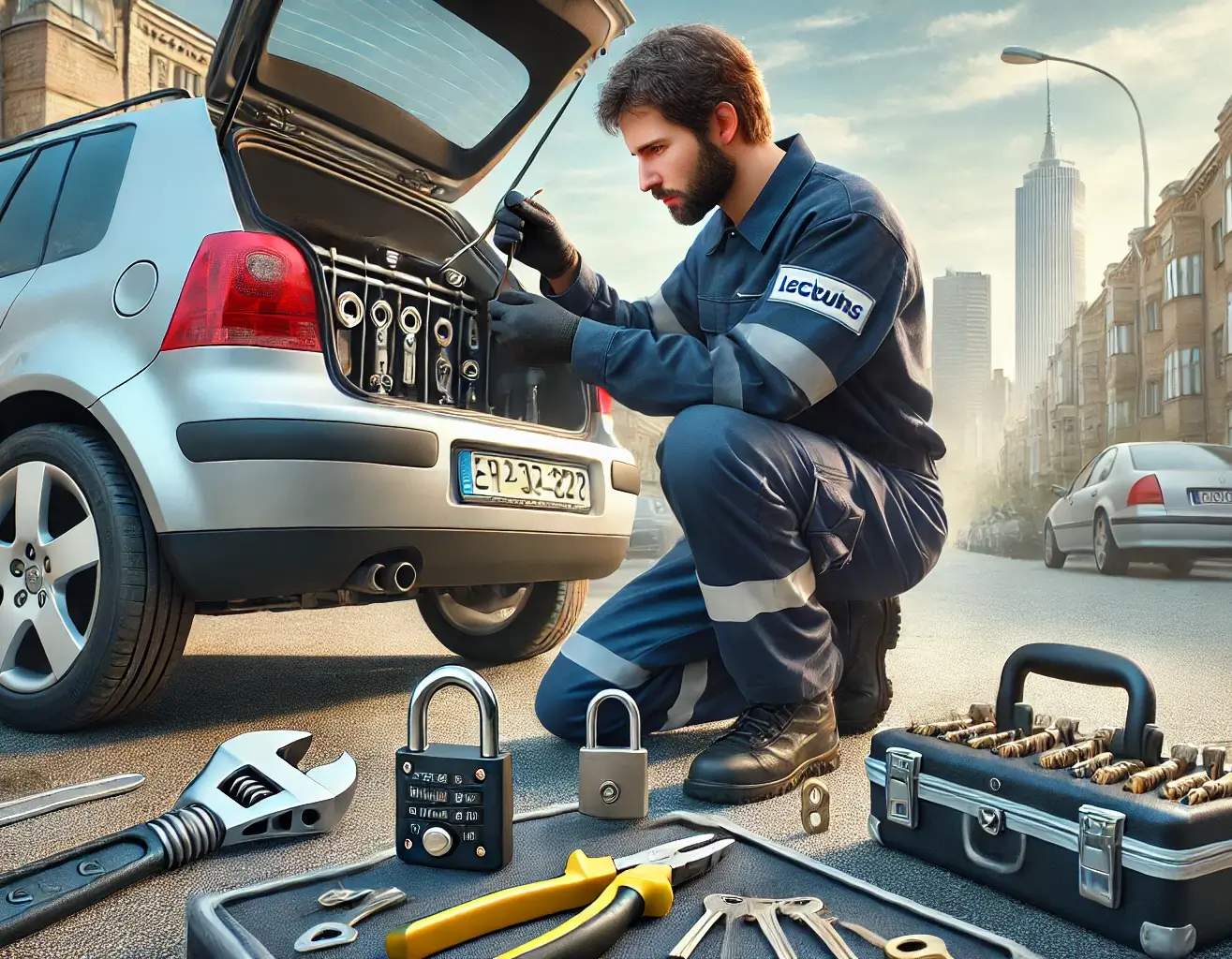  A locksmith in uniform carefully rekeying a car lock with specialized tools on an urban roadside.