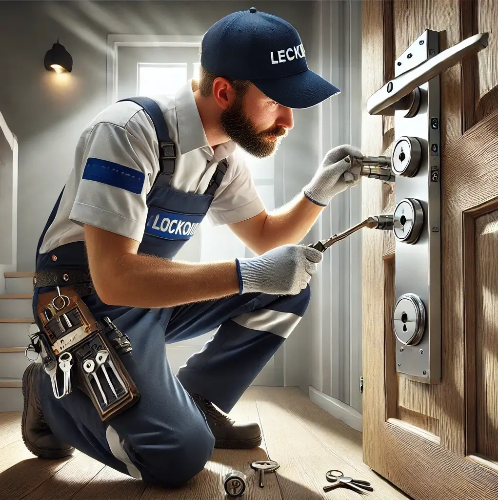 Locksmith rekeying a home door lock with precision tools.  
