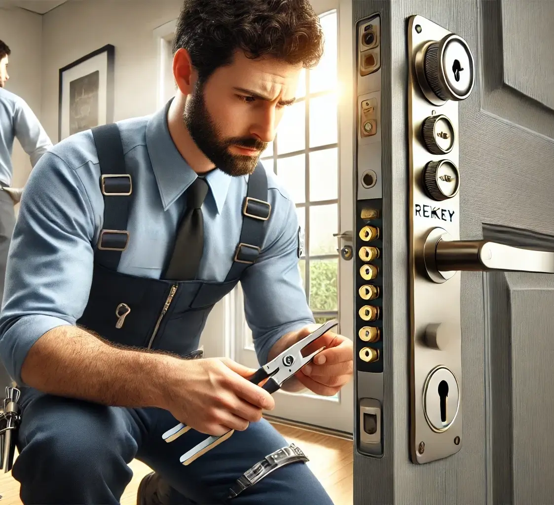 A locksmith carefully rekeying a residential and commercial door lock using specialized tools for enhanced security. 