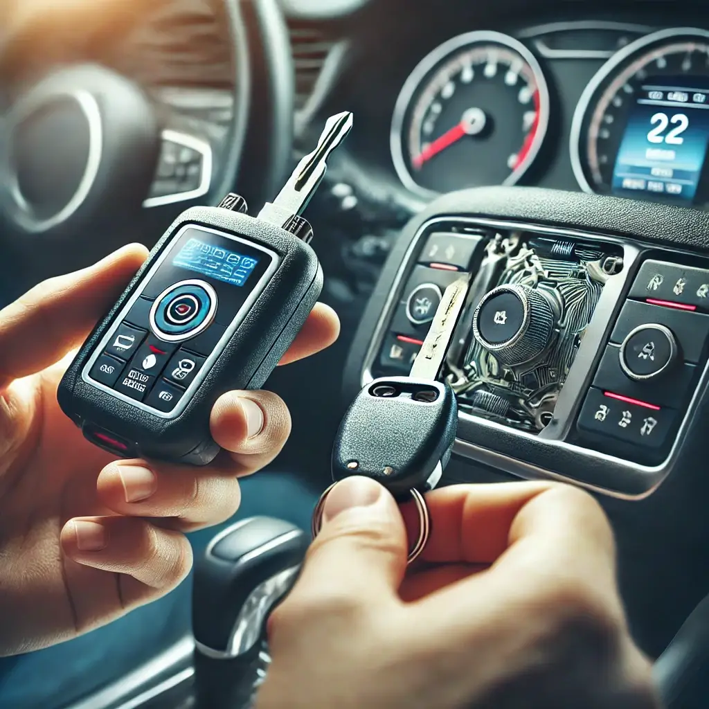 Close-up of a locksmith using an advanced key programming device to sync a transponder key with a modern car’s onboard system. 
