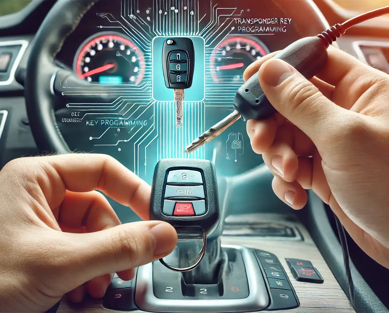 A professional technician programs a transponder key with a key coding device connected to a car’s onboard system.