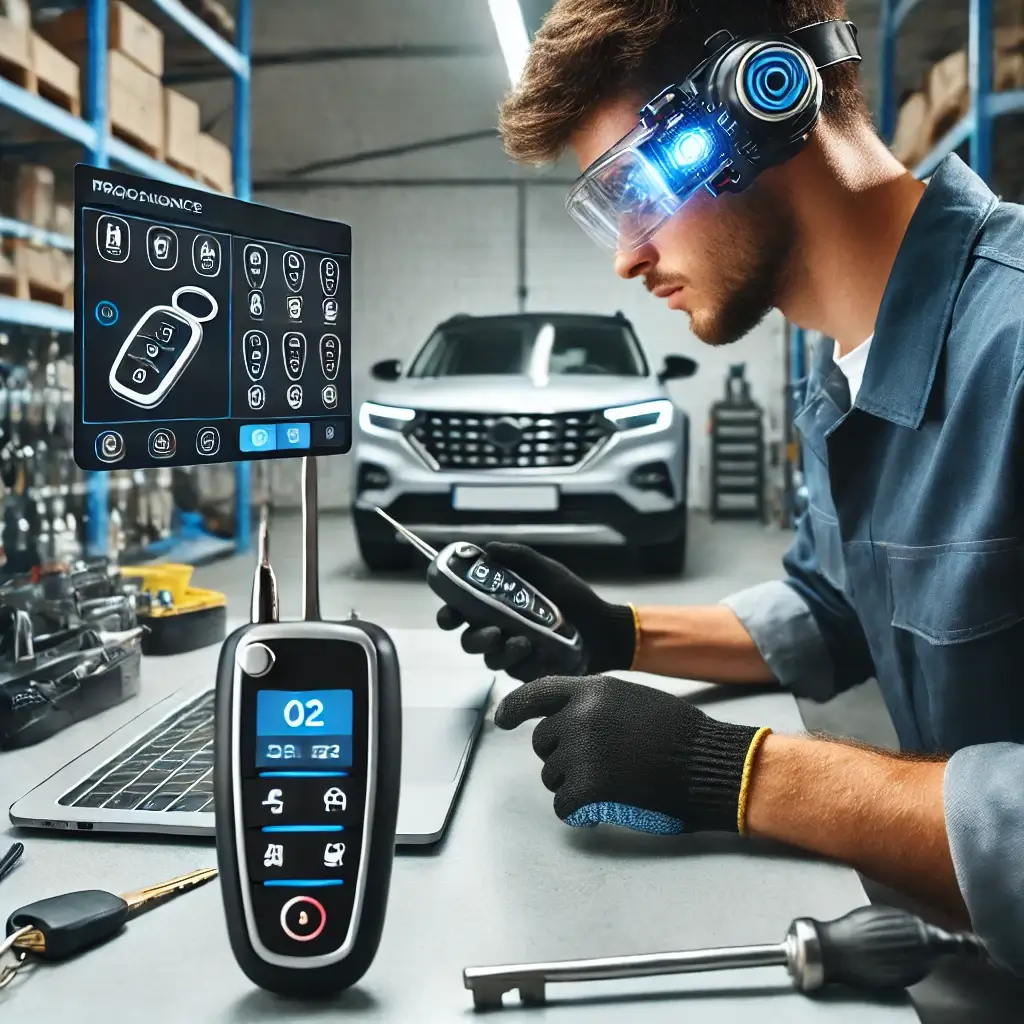  Locksmith programming a proximity car key using advanced tools.